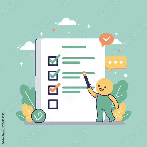 Illustration of a happy person checking items off a to-do list with a pencil, symbolizing productivity and task completion with a minimalist aesthetic