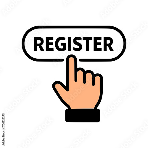 Action finger cursor pressing a digital REGISTER button for online sign up or account creation
