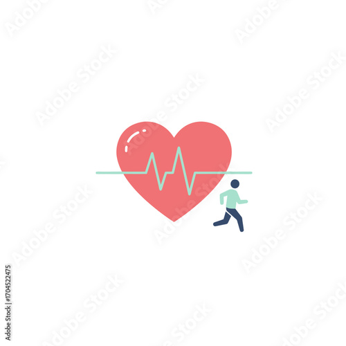A minimalist vector illustration depicting the importance of cardiovascular exercise for heart health, featuring a runner and a heart with a cardiogram
