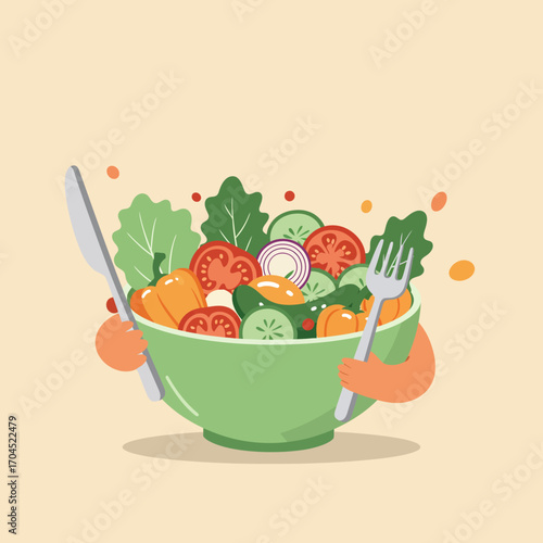 A vibrant cartoon illustration showcasing the concept of healthy eating with a fresh vegetable salad in a large green bowl ready to be eaten