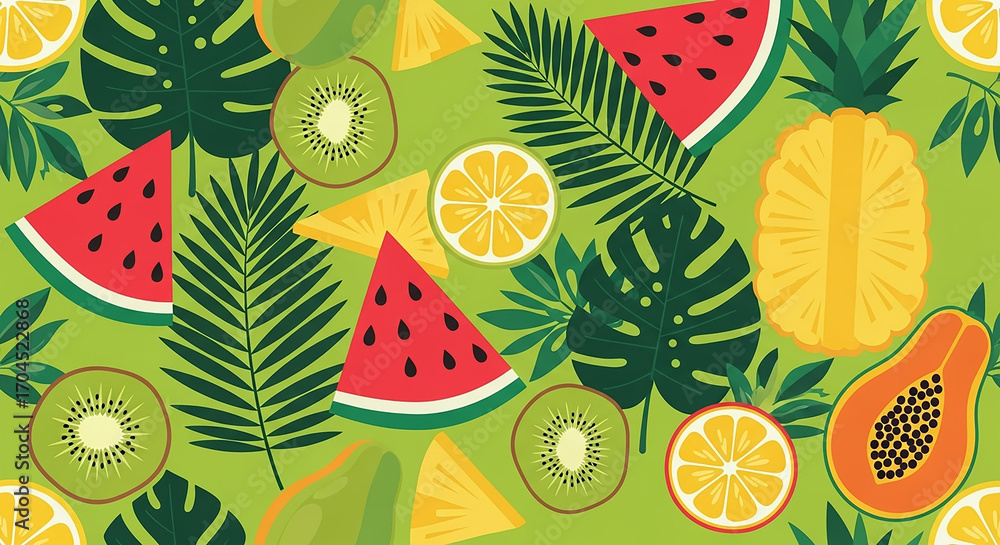 Tropical fruits and leaves seamless pattern repeating background Tropical fruits and leaves seamless pattern repeating background