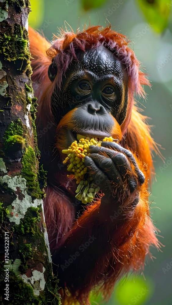 Fototapeta premium Orangutan eating in a jungle