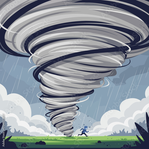 Powerful Tornado Approaching, Man Running for Safety