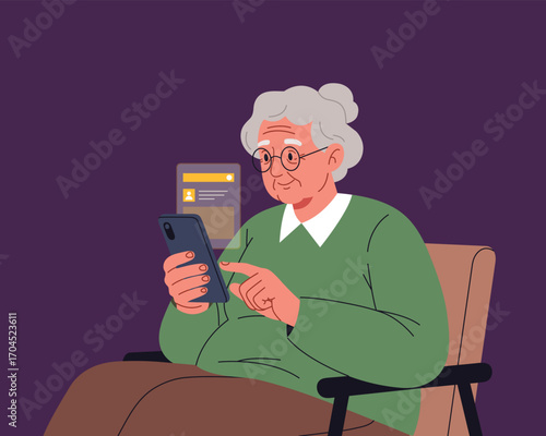 Elderly woman engaged with technology browsing internet on a modern smartphone device vector