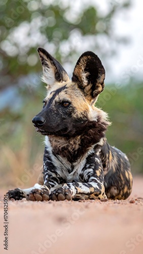 African wild dog resting in the sun