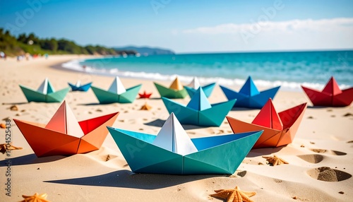 Colorful paper boats on a sandy beach