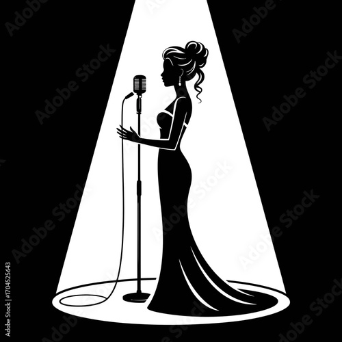 Elegant Female Singer Silhouette Under Spotlight with Vintage Microphone