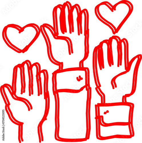 Red hand-drawn illustration of raised hands with hearts, symbolizing love, volunteering, charity, donation, support, community help, and humanitarian care.
