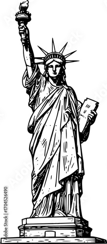 Liberty statue sketch engraving black and white outline. Scratch board imitation. illustrated in vintage line art style on a white background.
