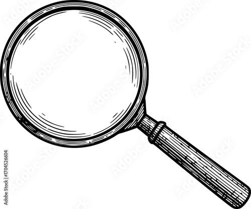 Magnifying glass engraving black and white outline. Scratch board imitation. illustrated in vintage line art style on a white background.
