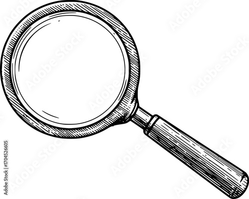 Magnifying glass engraving black and white outline. Scratch board imitation. illustrated in vintage line art style on a white background.
