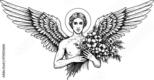 Intricate engraved illustration of Man wear wing with halo holding bouquet flower Vector Black and White Illustration

