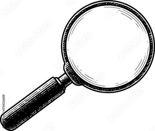 Magnifying glass engraving black and white outline. Scratch board imitation. illustrated in vintage line art style on a white background.

