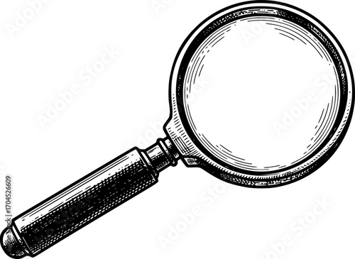 Magnifying glass engraving black and white outline. Scratch board imitation. illustrated in vintage line art style on a white background.
