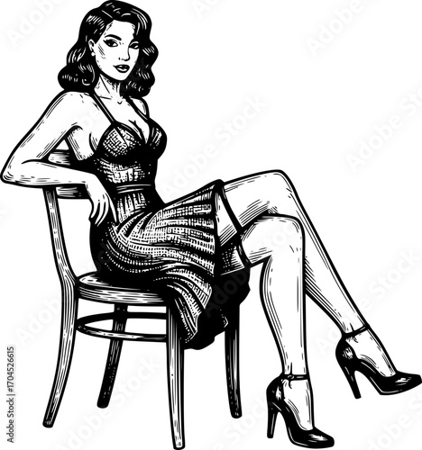 Pinup woman wear dress sit on chair wear high heels Vintage woodcut engraving style vector illustration isolated on white
