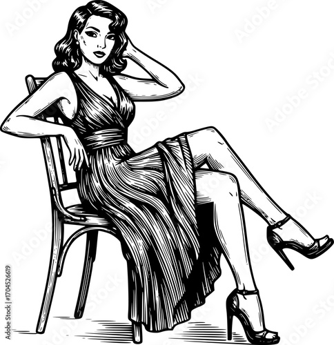 Pinup woman wear dress sit on chair wear high heels Vintage woodcut engraving style vector illustration isolated on white
