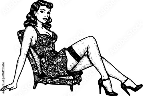 Pinup woman wear dress sit on chair wear high heels Vintage woodcut engraving style vector illustration isolated on white
