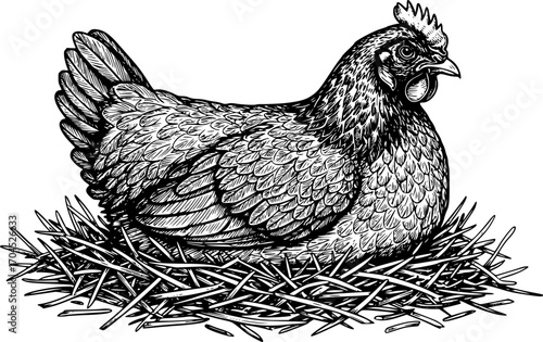 Vector of chicken hen nesting on hay Black and white engraved ink art
