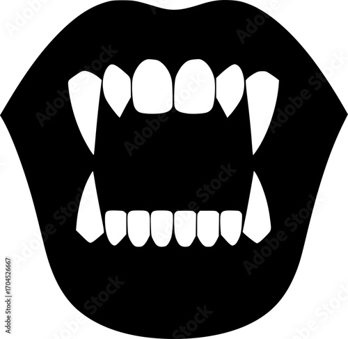 Illustration of Close up of Vampire Fangs and Mouth in Black and White

