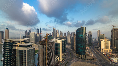 Photography Dubai business bay towers early morning aerial timelapse.