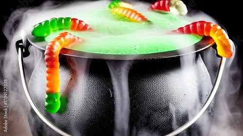Bubbling green witch brew steams from a cauldron, its dry ice creating a mystical fog effect as gummy worms appear to crawl within the potent concoction.