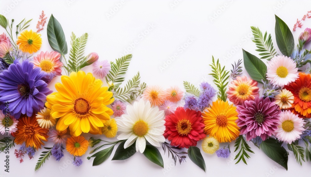 Fototapeta premium A Vibrant Floral Border Illustration With Various Colorful Flowers On A White Background