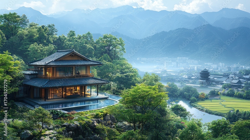 Obraz premium Mountaintop Asian house with infinity pool overlooking valley.