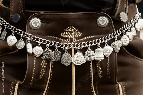 Ornate Charivari silver chain adorned with intricate charms and pendants, elegantly displayed on the front of traditional Bavarian lederhosen.