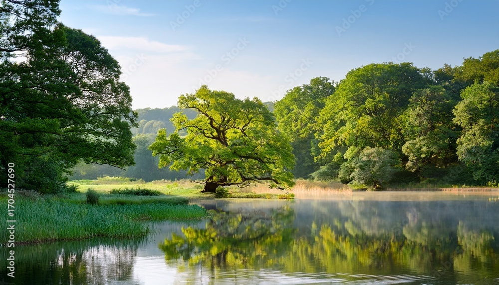 Fototapeta premium A Tranquil Lake Is Surrounded By Lush Greenery In The Early Morning Light A Large Tree S Reflection Creates A Stunning Visual Effect On The Still Water Enhancing The Peaceful Atmosphere Of Nature