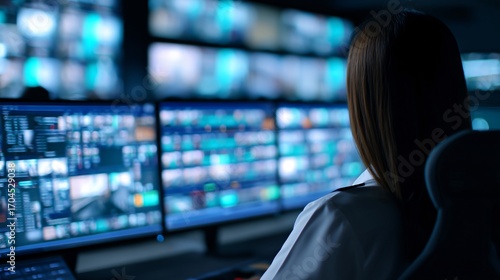 engineer monitoring digital systems inside Critical Infrastructure control room filled with multiple screens. Emphasizing cybersecurity, energy management and essential operations.