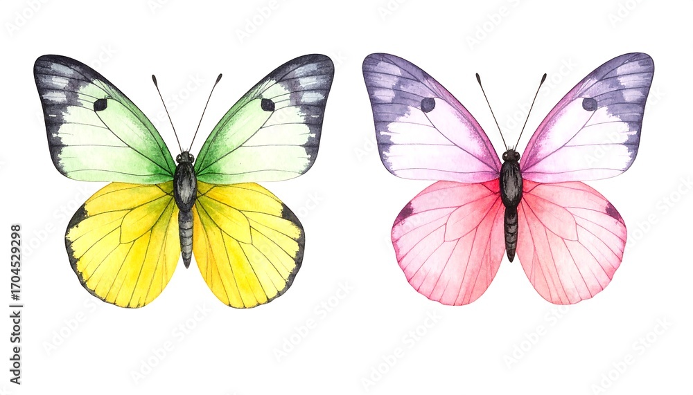 Obraz premium Watercolor illustration featuring two vibrant butterflies; one green and yellow, the other purple and pink, both symmetrical