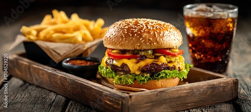 Delicious cheeseburger with fries and soda on a wooden tray perfect for fast food restaurant menu item