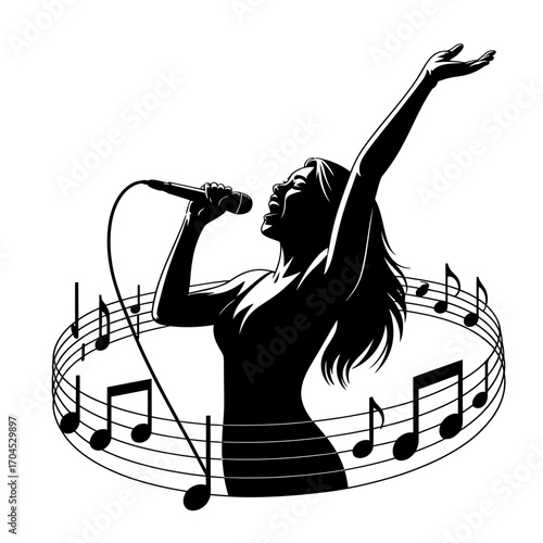 Passionate Female Singer Silhouette with Microphone and Musical Notes