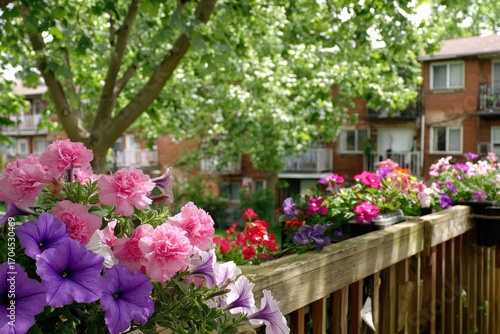 Colorful flower planters along a wooden railing.