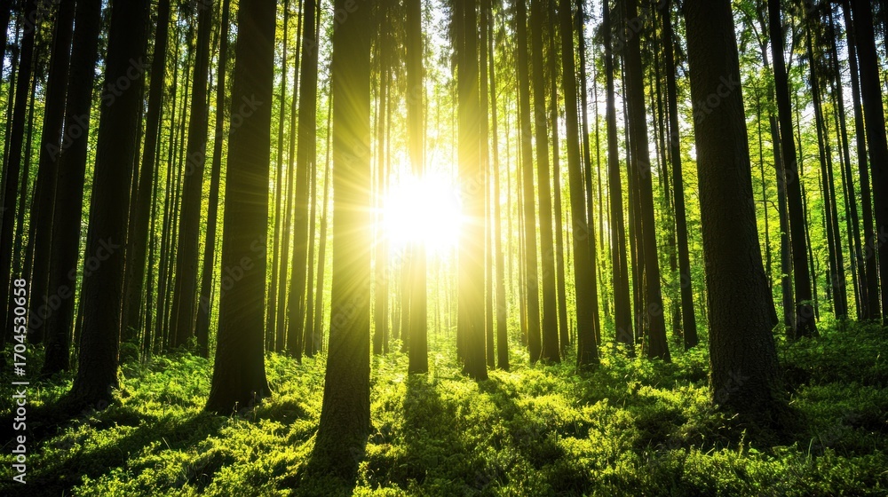 Naklejka premium Sunlight in forest green trees nature background