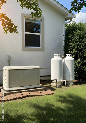 A residential generator sits on a concrete pad beside two propane tanks, with a green lawn and shrubbery in the background.