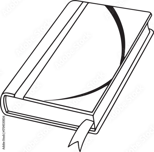 Black and white outline of a closed book with bookmark on white background