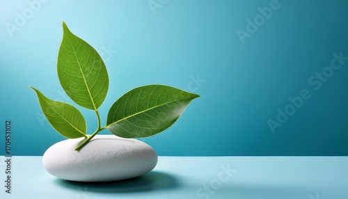 Green Leaves On Smooth White Stones With Light Blue Background