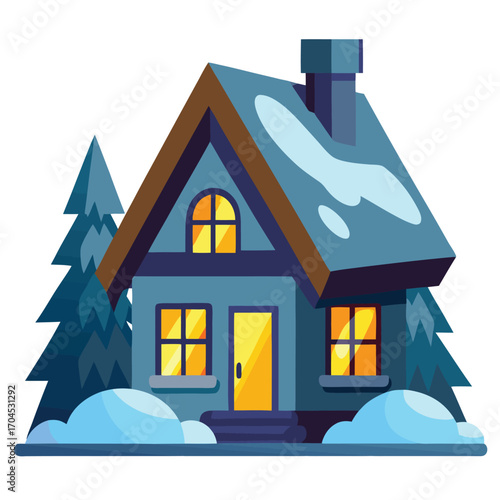 Cozy winter cottage with warmly lit windows and snow covered roof.