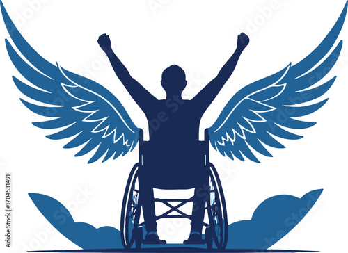 Silhouette of person in wheelchair with wings raised arms
