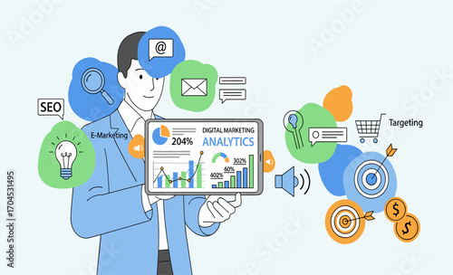A cheerful digital marketing expert presents a tablet displaying analytics data, surrounded by icons representing SEO, targeting, and e-marketing strategies.