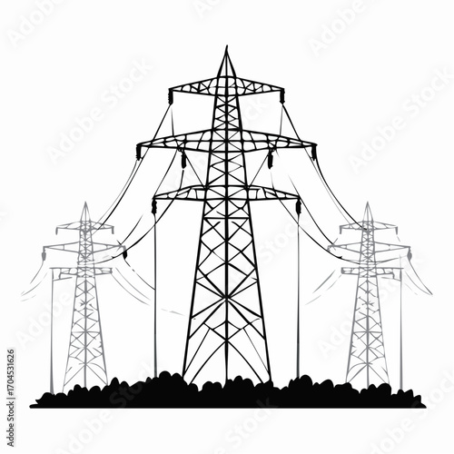 Power line. Poles and wires for supplying energy. Picture horizontally seamless. Object isolated on white background. Cartoon fun style Illustration vector