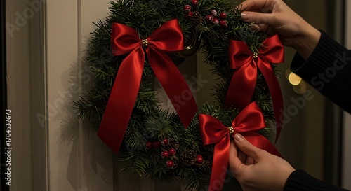 Uma guirlanda de Natal artesanal com laços de fita de cetim vermelha e ramos de abeto, vista de perto enquanto é pendurada em uma maçaneta de porta.