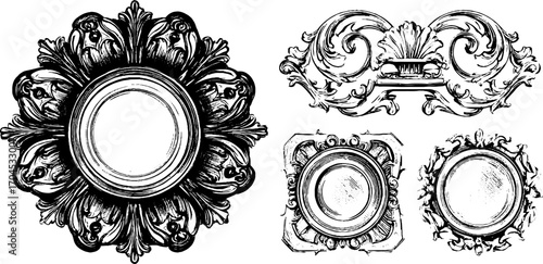 Ornate art deco sunburst engravings for decorative design and vintage styling