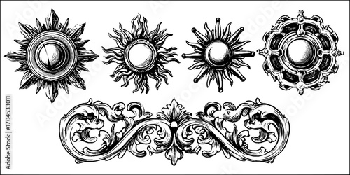 Elegant art deco sunburst set in engraving style for decorative designs and vintage projects