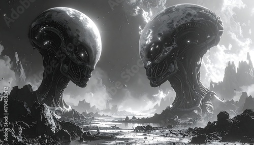 Alien heads on a desolate planet