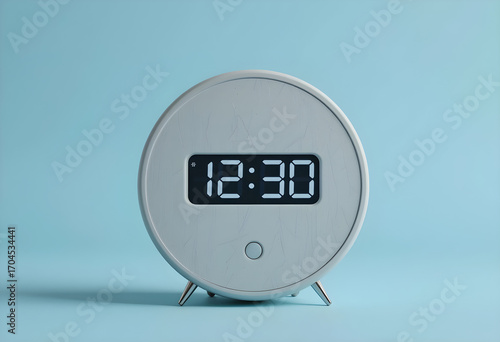 Circular Digital Clock with White Frame and Legs  
Minimal Timepiece Displaying 12:30 on Blue Background
