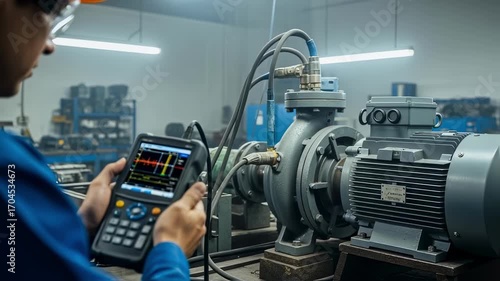 Industrial technician analyzing vibration patterns via a digital analyzer while the pump motor rotates steadily in a power plant workshop.