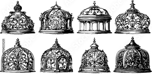 Decorative set of art nouveau domes in engraving style for design and decoration