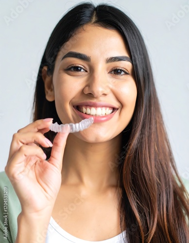 Smiling woman holding clear aligner in bright room